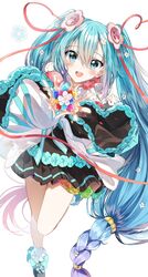  :d black_footwear black_skirt blue_eyes blue_hair blush commentary female flower flower_underskirt gradient_hair hair_between_eyes hair_flower hair_ornament hatsune_miku highres long_hair long_sleeves looking_at_viewer magical_mirai_(vocaloid) magical_mirai_miku magical_mirai_miku_(2021) multicolored_hair pentagon_(railgun_ky1206) pink_hair pleated_skirt purple_hair shoes sidelocks simple_background skirt smile solo standing standing_on_one_leg teeth twintails upper_teeth_only very_long_hair vocaloid white_background white_flower wide_sleeves 