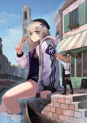  2girls aa-12_(girls&#039;_frontline) absurdres ahoge baggy_clothes bags_under_eyes black_headwear black_skirt black_thighhighs blue_sky boat boots bridge brown_footwear buckle canal chocolate_chip_cookie cookie eating eyewear_on_head food giant giantess girls&#039;_frontline gondola hair_ornament hanabusaraleigh hat heart highres holding holding_food hood hooded_jacket jacket kalina_(girls&#039;_frontline) knee_boots long_sleeves medium_hair multiple_girls open_clothes open_jacket orange_hair outdoors pleated_skirt shirt side_ponytail sitting skirt sky sleeves_rolled_up snap-fit_buckle soaking_feet star_(symbol) star_hair_ornament sunglasses thighhighs town water watercraft white_jacket white_shirt 