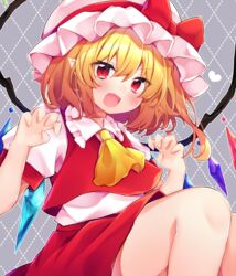  ascot blonde_hair blush bow claw_pose commentary crystal eringikinono feet_out_of_frame female flandre_scarlet frilled_shirt_collar frills hat hat_ribbon heart highres looking_at_viewer mob_cap oerba_yun_fang one_side_up red_bow red_eyes red_ribbon red_skirt red_vest ribbon shirt short_hair short_sleeves side_ponytail sitting skirt skirt_set solo touhou vest white_shirt wings 