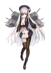  absurdres almic bad_id bad_pixiv_id bandaged_leg bandages black_footwear black_hair black_legwear blue_oath eyebrows female full_body hat highres long_hair looking_at_viewer multicolored_hair neckerchief one_eye_covered pantyhose pleated_skirt red_eyes red_neckerchief school_uniform serafuku skirt standing tachi-e two-tone_hair uniform white_hair yuura_(blue_oath) 