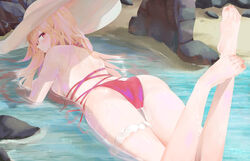  ass azur_lane barefoot beach bikini blonde_hair blush bridal_garter chinese_commentary commentary_request feet female hat highres legs long_hair looking_back lying nail_polish official_alternate_costume on_stomach outdoors partially_submerged pink_nails red_eyes richelieu_(azur_lane) richelieu_(fleuron_of_the_waves)_(azur_lane) rock ru_zhai solo swimsuit the_pose toenail_polish toenails toes water 