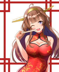  ahoge alternate_costume brown_hair china_dress chinese_clothes cleavage_cutout clothing_cutout double_bun dress female folded_fan folding_fan hair_bun hairband hand_fan headgear holding holding_fan kantai_collection kongou_(kancolle) kongou_kai_ni_(kancolle) long_hair one_eye_closed red_dress sleeveless sleeveless_dress solo toyomi_13 upper_body 