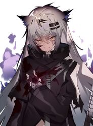  animal_ears arknights black_coat blood blood_on_clothes blood_on_face blood_on_hands coat female fingerless_gloves gloves grin hair_between_eyes hair_ornament hairclip lappland_(arknights) long_hair long_sleeves scar scar_across_eye scar_on_face simple_background smile solo soukou_makura sword upper_body weapon white_background wolf_ears yellow_eyes 