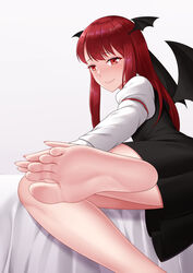  absurdres bare_legs barefoot bat_wings bed_sheet black_dress blush chinese_commentary commentary dress feet female foot_focus foot_out_of_frame foreshortening from_side greek_toe grey_background hand_on_own_foot head_wings highres koakuma leaning_to_the_side long_hair long_sleeves looking_at_viewer oirin puffy_sleeves red_eyes red_hair shadow sidelocks simple_background soles solo toes touhou wings 