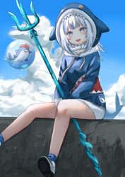  6mint :d absurdres animal_hood between_legs bloop_(gawr_gura) blue_hair blue_sky blush bubble cloud cloudy_sky day female fins fish_tail gawr_gura gawr_gura_(1st_costume) grey_hair highres hololive hololive_english hood long_sleeves looking_at_viewer multicolored_hair outdoors polearm shark_girl shark_hood shark_tail sharp_teeth sitting sky smile tail teeth trident two-tone_hair virtual_youtuber weapon 