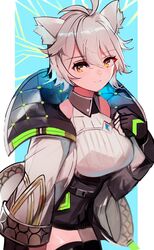  absurdres animal_ears breasts cat_ears cat_girl chest_jewel clothing_cutout core_crystal_(xenoblade) crystal diamond_cutout female fingerless_gloves gloves high-waist_shorts highres large_breasts looking_at_viewer messy_hair na&#039;el_(xenoblade) romper short_hair short_shorts shorts simple_background smile solo tarbo_(exxxpiation) thighhighs thighs xenoblade_chronicles_(series) xenoblade_chronicles_3 xenoblade_chronicles_3:_future_redeemed yellow_eyes 