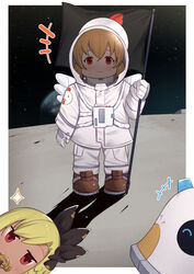  +++ 2girls blonde_hair boots brown_footwear commentary_request dark-skinned_female dark_skin earth_(planet) flag gloves granblue_fantasy hair_between_eyes helel_ben_shalem helmet highres holding holding_flag jacket joy_(granblue_fantasy) mahira_(granblue_fantasy) moon multiple_girls on_moon pacifier pants planet red_eyes shadow space space_helmet spacesuit standing star_(sky) uneg white_gloves white_jacket white_pants 