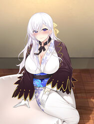  azur_lane belfast_(azur_lane) belfast_(folded_fascination)_(azur_lane) blue_sash blush bow braid breasts cleavage covered_nipples female floral_print gloves hairbow indoors japanese_clothes jjanda kimono large_breasts looking_at_viewer official_alternate_costume purple_eyes sash side_braid sitting solo white_gloves white_hair white_kimono yellow_bow yukata 