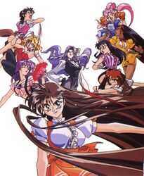  1990s_(style) 6+girls animal_ears animal_hands black_hair black_legwear blonde_hair blue_hair bob_cut breasts brown_hair cleavage closed_eyes detached_collar drill_hair drill_sidelocks erilin_goldsmith everyone fake_animal_ears fingerless_gloves floating_hair folding_fan gloves hairband hand_fan hand_on_own_hip holding holding_fan jahana_reimi kimura_takahiro kubota_jun kusunoki_manami leotard light_purple_hair long_hair looking_at_viewer multiple_girls non-web_source official_art open_mouth parted_lips paw_gloves pink_hair puffy_sleeves purple_hair red_hair red_leotard retro_artstyle round_eyewear short_hair short_sleeves sidelocks simple_background smile strapless strapless_leotard striped takeuchi_yuka twintails underbust variable_geo vertical_stripes waitress white_background wrist_cuffs yajima_satomi yanase_kaori 