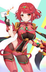  absurdres aegis_sword_(xenoblade) ass_visible_through_thighs backless_outfit black_gloves blush bob_cut breasts brown_pantyhose chest_jewel cowboy_shot drop_earrings earrings female fingerless_gloves front-seamed_legwear gloves highres impossible_clothes jewelry kiiro_kimi looking_at_viewer micro_shorts orange_eyes pantyhose pantyhose_under_shorts pyra_(xenoblade) red_hair red_legwear red_shorts seamed_legwear short_hair short_shorts short_sleeves shorts skindentation smash_invitation smile super_smash_bros. thighhighs thighhighs_over_pantyhose tiara xenoblade_chronicles_(series) xenoblade_chronicles_2 