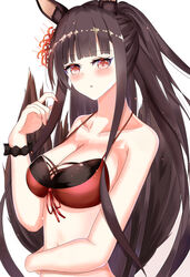  absurdres akagi_(azur_lane) akagi_(paradise_amaryllis)_(azur_lane) animal_ear_fluff animal_ears azur_lane bikini breasts brown_hair brown_tail cleavage female flower fox_ears hair_flower hair_ornament highres kitsune large_breasts long_hair looking_at_viewer official_alternate_costume red_bikini red_eyes red_flower solo string_bikini swimsuit tail torabera very_long_hair 