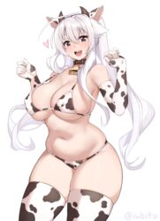  :d ahoge animal_ears animal_print bare_shoulders bell bikini breasts brown_eyes collar commentary covered_nipples cow_ears cow_girl cow_horns cow_print cow_print_bikini cowbell cowboy_shot elbow_gloves fake_animal_ears fake_horns female gloves hair_between_eyes hairband hands_up heart highres horns iwbitu large_breasts long_hair looking_at_viewer navel neck_bell nyopu open_mouth original print_bikini print_gloves print_thighhighs simple_background skindentation smile solo star_(symbol) star_in_eye stomach swimsuit symbol_in_eye teeth thick_eyebrows thighhighs twintails twitter_username upper_teeth_only white_background white_hair 