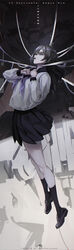  bandaged_head bandaged_neck bandages black_footwear black_sailor_collar black_skirt black_socks copyright_name dated female full_body grey_hair harusame_tsubaki highres juusan_kihei_bouei_ken kneehighs long_hair long_sleeves neckerchief open_mouth photoshop_(medium) pleated_skirt purple_neckerchief sailor_collar school_uniform serafuku shinonome_ryouko_(juusan_kihei_bouei_ken) signature skirt socks solo twitter_username 