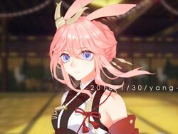  2018 animal_ears armor artist_name blurry blurry_background closed_mouth female fox_ears hair_bun hair_ornament honkai_(series) honkai_impact_3rd indoors japanese_armor japanese_clothes looking_at_viewer pink_hair purple_eyes single_hair_bun solo yae_sakura yae_sakura_(flame_sakitama) yasuyou 