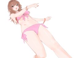  :d bikini bracelet breasts brown_eyes brown_hair female from_below goshiki_suzu highres jewelry long_hair looking_at_viewer navel open_mouth orange_nails original pink_bikini simple_background smile solo swimsuit white_background 