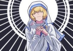  alice_margatroid blonde_hair closed_mouth commentary cookie_(touhou) cosplay cross female habit hair_between_eyes hair_over_eyes halo halo_behind_head highres interlocked_fingers jigen_(cookie) leftame long_sleeves mother_teresa mother_teresa_(cosplay) nun own_hands_together real_life second-party_source shirt short_hair smile solo sunburst sunburst_background touhou upper_body white_shirt 