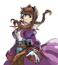  belt braid brown_hair closed_mouth coat dress female gloves hairband hanakuso long_hair looking_at_viewer purple_dress ribbon sidelocks simple_background smile solo virginia_maxwell white_background wild_arms wild_arms_3 