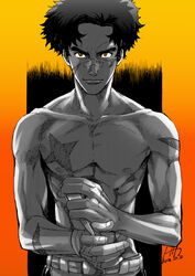  1boy abs black_hair brown_eyes collarbone dated egg_(cknlun) joe_(megalo_box) looking_at_viewer male_focus megalo_box nipples nose_tape pectorals scar scar_on_arm scar_on_cheek scar_on_face solo standing thick_eyebrows toned toned_male topless_male upper_body 