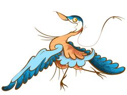  2016 absurd_res adam&#039;s_apple ambiguous_gender avian beak bird blue_body blue_feathers digital_media_(artwork) feathered_wings feathers feet feral flying hair heron hi_res looking_back orange_body orange_eyes orange_feathers pelecaniform pose schreckengast simple_background smile solo tail tail_tuft talons toes traditional_media_(artwork) tuft white_background wings 