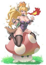  armlet bare_shoulders black_footwear black_leotard black_nails black_thighhighs blonde_hair blue_eyes bosstseng bowsette bracelet breasts breath_weapon breathing_fire cleavage collar commentary_request earrings female fingernails fire full_body grass high_heels horns jewelry large_breasts leotard long_hair looking_at_viewer mario_(series) mushroom new_super_mario_bros._u_deluxe open_mouth pointy_ears sharp_fingernails sharp_teeth skindentation solo spiked_armlet spiked_bracelet spiked_collar spiked_shell spiked_tail spikes strapless strapless_leotard super_crown tail teeth thighhighs turtle_shell upper_teeth_only 