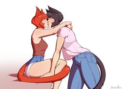  2girls absurdres bra catgirl female female_only fiona_(foogee) highres kissing myrell_(foogee) original_character svenners thick_thighs wholesome wide_hips yuri 