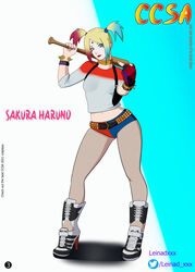  1girls baseball_bat blonde_hair colored_hair cosplay dc dc_comics female female_only fishnets fully_clothed harley_quinn_(cosplay) leinadxxx magazine naruto naruto:_the_last naruto_(series) sakura_haruno solo superheroine 