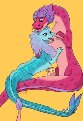  aquatic aquatic_dragon blue_body blue_skin chip_bag disney dragon duo eastern_dragon eye_contact female feral fur furred_dragon furred_scalie hair hand_on_back hand_on_body hi_res holding_chips_(food) long_(wish_dragon) long_tail looking_at_another magenta_body magenta_fur male multicolored_body multicolored_hair multicolored_skin mythological_creature mythological_scalie mythology overix purple_hair raya_and_the_last_dragon scalie simple_background sisu_(ratld) tail two_tone_body two_tone_hair two_tone_skin wish_dragon yellow_background 