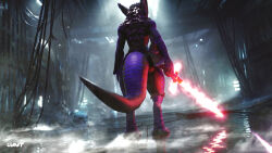  3d_(artwork) absurd_res anthro ass atmospheric backlighting balls big_ears blender_(artwork) cable capcom claws cloutboixd crossguard_lightsaber dark detailed_background digital_media_(artwork) digitigrade dragon energy_sword energy_weapon european_mythology flying_wyvern fog folded_wings genitals glistening glowing glowing_weapon hi_res holding_lightsaber holding_melee_weapon holding_object holding_sword holding_weapon light light_beam lighting lightsaber long_tail looking_away machine male melee_weapon monster_hunter muscular muscular_male mythological_creature mythological_scalie mythology nargacuga nude photorealism puddle purple_body purple_scales realistic rear_view red_lightsaber reflection rim_lighting scales scalie science_fiction shadow smoke solo standing star_wars stormtrooper sword tail thick_tail volumetric_lighting water water_reflection weapon western_dragon wet_floor wings wire wyvern 