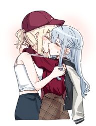  2girls at_09098 bang_dream! bang_dream!_it's_mygo!!!!! baseball_cap blonde_hair blue_hair breasts brown_skirt closed_eyes coat commentary french_kiss hat highres hug jacket jacket_on_shoulders kissing long_hair medium_breasts misumi_uika multiple_girls plaid_clothes plaid_skirt ponytail red_hat red_shirt shirt short_ponytail sidelocks simple_background skirt togawa_sakiko untranslatable_commentary white_background white_coat yuri 