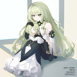  2girls black_dress black_gloves breasts closed_eyes coat commentary_request dated detached_sleeves dress earrings erio_dazima eyepatch gloves green_eyes green_hair happy_birthday headpat highres honkai_(series) honkai_impact_3rd jewelry klein_(honkai_impact) long_hair medical_eyepatch mobius_(honkai_impact) multiple_girls slit_pupils small_breasts smile very_long_hair white_coat 