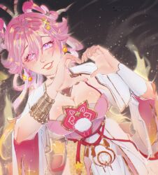  absurdres breasts cleavage commentary diamond-shaped_pupils diamond_(shape) dress earrings elf elysia_(hi_love_elf)_(honkai_impact) elysia_(honkai_impact) elysia_(lunar_grace)_(honkai_impact) english_commentary feixianji_(hairstyle) female grey_background hair_rings heart heart_hands highres honkai_(series) honkai_impact_3rd jewelry kflowerstorm large_breasts long_hair looking_at_viewer pink_dress pink_hair pointy_ears purple_eyes shuangyaji smile solo symbol-shaped_pupils very_long_hair 