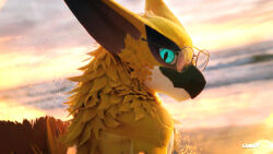  3d_(artwork) anthro blender_(artwork) blue_eyes capcom cloutboixd darkke_(darkkedusk) digital_media_(artwork) dragon european_mythology eyewear flying_wyvern glasses hi_res looking_at_viewer male monster_hunter mythological_creature mythological_scalie mythology nargacuga photorealism portrait realistic scalie sea solo sunset water western_dragon wyvern yellow_body 