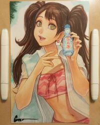  alternate_costume art_tools_in_frame beach bikini bikini_under_clothes bottle breasts brown_eyes brown_hair collared_shirt commentary earrings english_commentary female hands_up highres holding holding_bottle jewelry kujikawa_rise lips long_hair looking_at_viewer medium_breasts omar_dogan open_clothes open_mouth open_shirt outdoors persona persona_4 photo_(medium) pink_bikini ramune see-through_clothes see-through_shirt shirt signature smile solo sphere_earrings swimsuit towel towel_on_one_shoulder traditional_media twintails upper_body white_shirt 