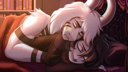  anthro asriel_dreemurr asriel_dreemurr_(god_form) avian bird black_body black_feathers bovid caprine cuddling deworse duo feathers female fur goat hellaverse helluva_boss hi_res hug male male/female mammal octavia_(helluva_boss) owl sleeping undertale undertale_(series) white_body white_fur 