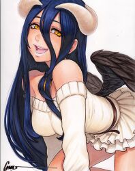  albedo_(overlord) all_fours alternate_costume bare_shoulders belt black_belt black_feathers black_hair black_wings breasts casual commentary commentary_request demon_girl demon_horns dress english_commentary feathered_wings feathers feet_out_of_frame female frilled_dress frills hair_between_eyes highres horns large_breasts long_hair long_hair_between_eyes looking_at_viewer low_horns low_wings off-shoulder_dress off_shoulder omar_dogan open_mouth overlord_(maruyama) scan signature simple_background smile solo sweater sweater_dress traditional_media very_long_hair white_background white_dress white_horns wings yellow_eyes 