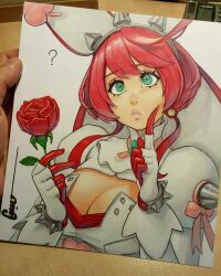 ? ahoge bracelet breasts cheek_poking cleavage cleavage_cutout closed_mouth clothing_cutout commentary dress elphelt_valentine english_commentary female finger_to_cheek flower gloves green_eyes guilty_gear guilty_gear_xrd hairband highres holding holding_flower huge_ahoge jewelry lips looking_up medium_breasts metal_hairband multicolored_gloves omar_dogan photo_(medium) pink_hair poking puffy_sleeves red_flower red_gloves red_rose rose short_hair signature simple_background solo spiked_bracelet spiked_hairband spikes swept_bangs thinking traditional_media two-tone_gloves upper_body wedding_dress white_background white_dress white_gloves 