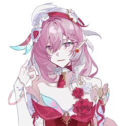  beret breasts chinese_commentary commentary_request diamond-shaped_pupils diamond_(shape) dress earrings elf elysia_(hi_love_elf)_(honkai_impact) elysia_(honkai_impact) female hat heart heart_earrings highres honkai_(series) honkai_impact_3rd jewelry large_breasts long_hair looking_at_viewer nengliang_shi_heng pink_hair pointy_ears purple_eyes red_dress simple_background smile solo symbol-shaped_pupils upper_body very_long_hair white_background 