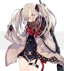  blue_hair blue_leotard blush brown_gloves brown_scarf captain_yue commentary cowboy_shot cross eyes_visible_through_hair female girls&#039;_frontline glasses gloves grey_background grey_hair gun h&amp;k_hk21 hair_ornament hair_over_one_eye hands_up hk21_(girls&#039;_frontline) iron_cross jacket leotard long_hair long_sleeves looking_at_viewer multicolored_hair open_clothes open_jacket parted_lips round_eyewear scarf solo streaked_hair thigh_gap thigh_strap twintails two-tone_background weapon weapon_on_back white_background white_jacket wide_sleeves 