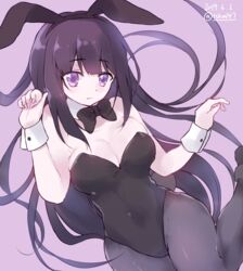  animal_ears black_bow black_bowtie black_hair black_leotard black_pantyhose bow bowtie breasts commentary_request cowboy_shot dated detached_collar fake_animal_ears female large_breasts leotard long_hair looking_at_viewer original pantyhose playboy_bunny purple_background purple_eyes rabbit_ears rabbit_tail simple_background solo strapless strapless_leotard tail tomashuu twitter_username wrist_cuffs 