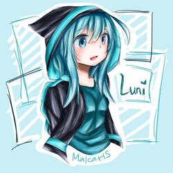  bad_id bad_pixiv_id blue_eyes blue_hair character_name creator_luni cropped_torso female gachaworld hood hood_up long_hair lunime maruka412 open_mouth solo upper_body 