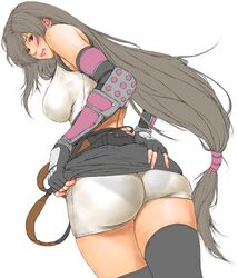  bare_shoulders black_skirt breasts brown_hair commentary_request crop_top earrings elbow_gloves elbow_pads female final_fantasy final_fantasy_vii final_fantasy_vii_remake fingerless_gloves from_behind gloves jewelry large_breasts lifting_own_clothes long_hair low-tied_long_hair midriff miniskirt pencil_skirt see-through shinobu_(tyno) shirt skirt solo suspender_skirt suspenders tank_top taut_clothes taut_shirt thighhighs thighs tifa_lockhart very_long_hair 