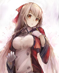  absurdres azur_lane black_neckwear blush bow breasts brown_eyes brown_hair collared_dress commentary_request dress female gloves hairbow hanagin hand_up highres jacket long_hair long_sleeves looking_away looking_to_the_side medium_breasts parted_lips red_bow red_jacket solo swiftsure_(azur_lane) upper_body very_long_hair white_dress white_gloves wide_sleeves 