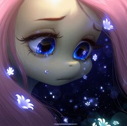  2014 2019 blue_eyes bodily_fluids digital_media_(artwork) equid equine female feral flower fluttershy_(mlp) friendship_is_magic glowing hair hasbro headshot_portrait hi_res horse katputze mammal my_little_pony pink_hair plant pony portrait remake side_view solo tears upset 