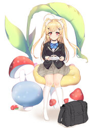  absurdres ahoge azur_lane bag bird_hair_ornament blazer blonde_hair bow bowtie chinese_commentary choker commentary_request cup eldridge_(azur_lane) eldridge_(the_inquisitive_recluse)_(azur_lane) female giant_mushroom hair_ornament highres holding holding_cup holding_spoon jacket kana_(kuaua) latte_art long_hair looking_at_viewer mushroom no_shoes official_alternate_costume on_mushroom pleated_skirt red_eyes saucer school_bag school_uniform simple_background sitting sitting_on_mushroom skirt smile solo spoon teacup thighhighs two_side_up white_background white_thighhighs 