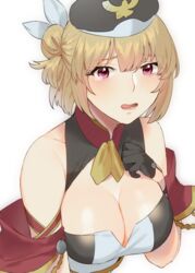  azur_lane bare_shoulders black_gloves black_headwear blonde_hair breasts cleavage commentary eyes_visible_through_hair female furrowed_brow gloves hair_bun hand_on_own_chest hand_up highres large_breasts leipzig_(azur_lane) looking_at_viewer maitei_roppa open_mouth pink_eyes short_hair single_hair_bun single_tear solo teeth upper_body white_background 