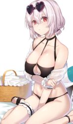  arm_grab azur_lane beach_towel between_breasts bikini black_bikini breast_hold breasts choker cleavage cleavage_cutout closed_mouth clothing_cutout collarbone commentary_request expressionless eyewear_on_head female hair_between_eyes halterneck heart heart-shaped_eyewear highres kon_(k0n16) large_breasts looking_at_viewer nail_polish navel o-ring o-ring_top official_alternate_costume partial_commentary red_eyes sandals see-through short_hair sidelocks simple_background sirius_(azur_lane) sirius_(scorching-hot_seirios)_(azur_lane) sitting solo stomach swimsuit toes towel transparent white_hair wrist_cuffs 