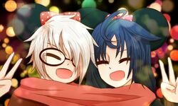  1boy 1chi_(lunime) blue_hair christmas closed_eyes commentary couple english_commentary female gacha_life glasses lunime minnie_mouse_ears open_mouth retayu_arth scarf smile straight v white_hair yuii_(lunime) 