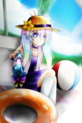  bottle commentary_request ellie_(gachaworld) female gachaworld hat highres lunime multicolored_hair retayu_arth smile straw_hat 