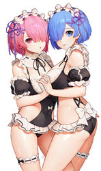  2girls absurdres adapted_costume ass black_one-piece_swimsuit blue_eyes blue_hair bow breasts bridal_garter character_name chestnut_mouth cleavage commentary_request covered_navel cowboy_shot detached_collar detached_sleeves frilled_one-piece_swimsuit frills hair_ornament hair_over_one_eye headdress highres holding_hands interlocked_fingers large_breasts looking_at_viewer maid maid_one-piece_swimsuit multiple_girls one-piece_swimsuit parted_lips photoshop_(medium) pink_eyes pink_hair puffy_short_sleeves puffy_sleeves ram_(re:zero) re:zero_kara_hajimeru_isekai_seikatsu rem_(re:zero) short_hair short_sleeves siblings sisters standing swimsuit thighs twins unconventional_maid white_background white_bow x_hair_ornament y.i._(lave2217) 