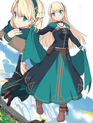  blonde_hair blush boots breasts choker collarbone commentary_request dress fate/grand_order fate_(series) female gerda_(fate) green_eyes green_hairband hairband jewelry jumping long_hair long_sleeves looking_at_viewer medium_breasts mountainous_horizon multiple_views necklace shiseki_hirame smile 